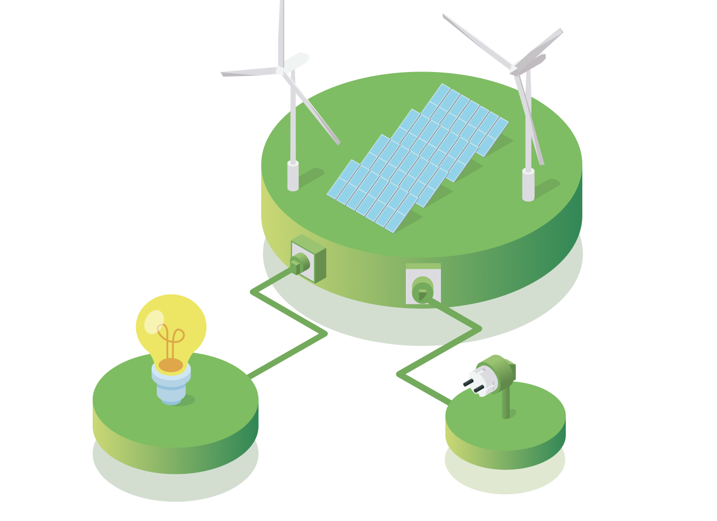 Pannelli solari e pale eoliche che danno energia ad una lampadina e ad una presa